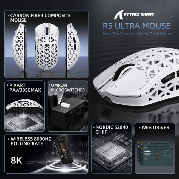 Attack Shark R5 Ultra Carbon Fiber Wireless 8K Paw3950Max Gaming Mouse