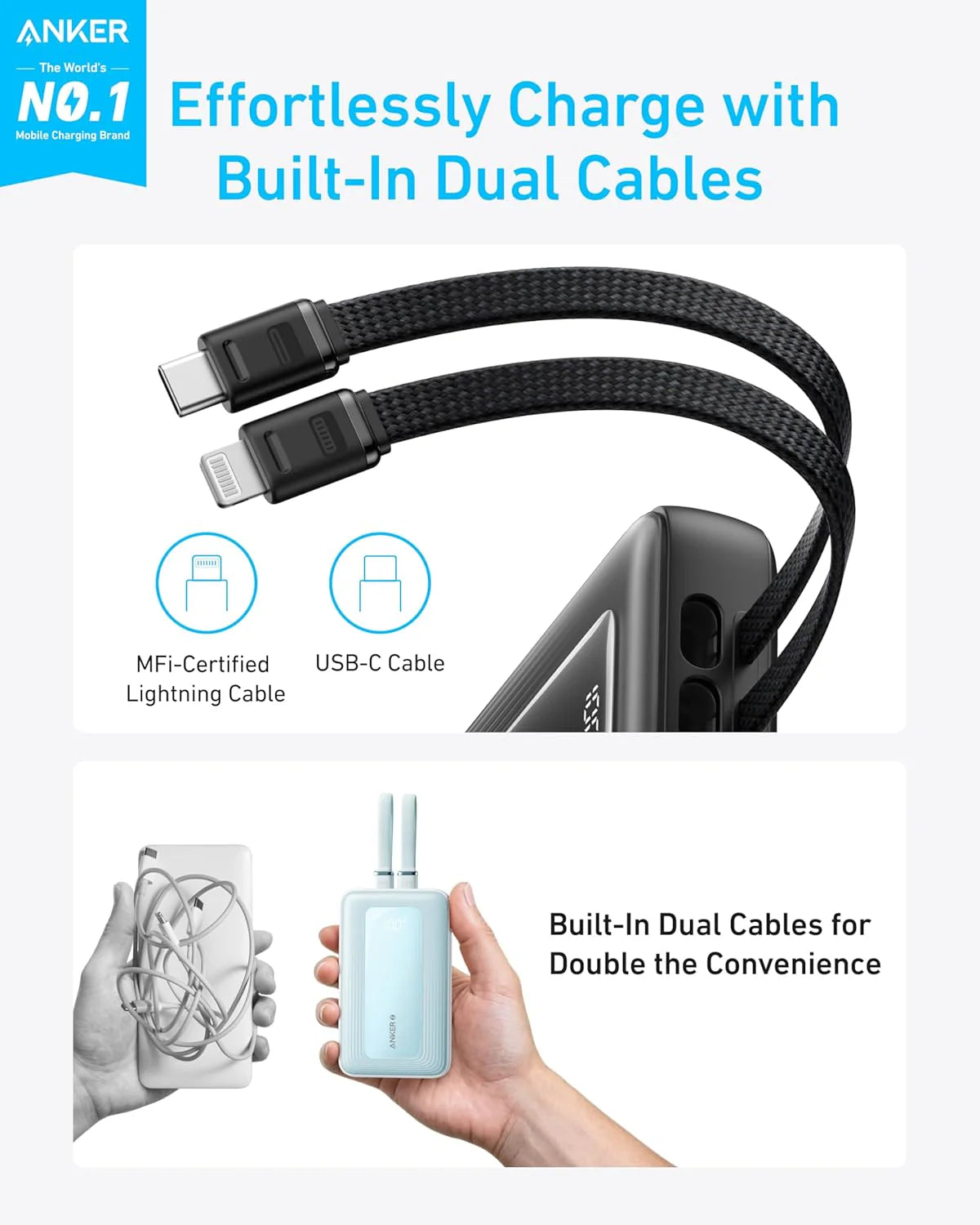 Anker Zolo Power Bank 10000mAh 30W with Built-in USB-C and Lightning Cables A1680 - White