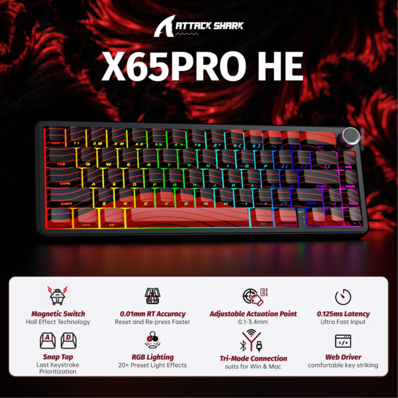 ATTACK SHARK X65PRO HE Wireless Rapid Trigger Gaming Keyboard Magnetic Switch-Black and red contour lines
