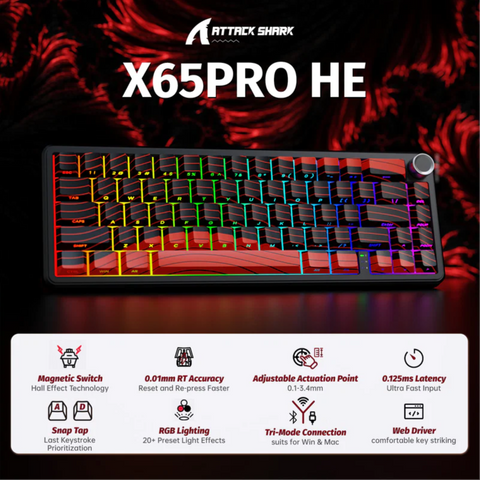 ATTACK SHARK X65PRO HE Wireless Rapid Trigger Gaming Keyboard Magnetic Switch-Black and red contour lines