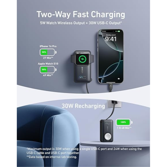 Anker A1657 Maggo Power Bank For Apple Watch, Officially Certified, 10,000 Mah Compact Battery Pack With Built-In Usb-C Cable, 35 W Max