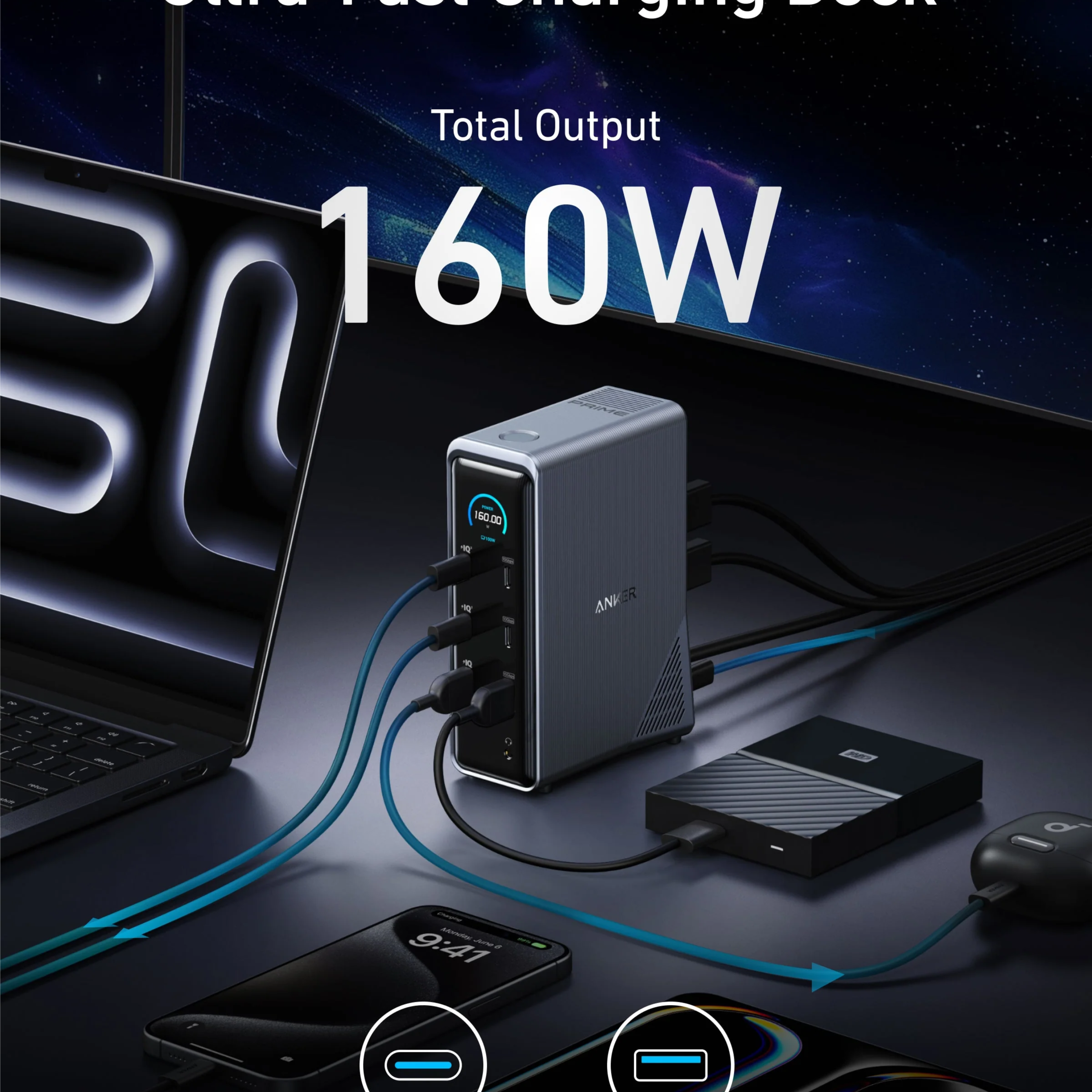 Anker Prime Charging Docking Station ( 14-in-1, Dual Display, 160W ) Gray – A83B62A1