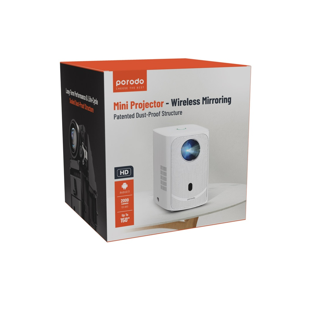 Projector Android 9 , Porodo 720P  - White