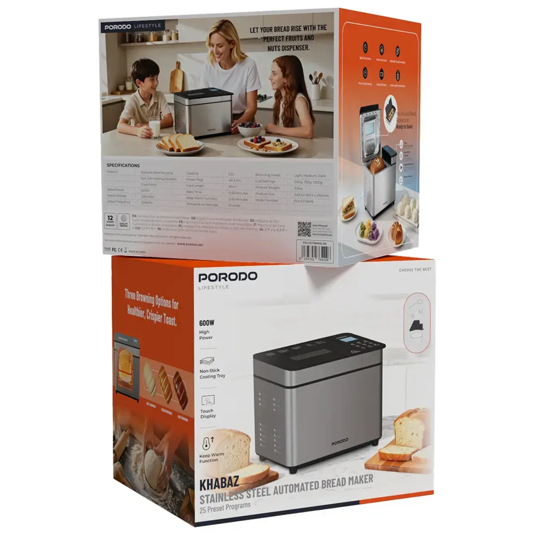Bread Maker Porodo Lifestyle Khabaz Stainless Steel Automated with 25 Preset Programs - Black