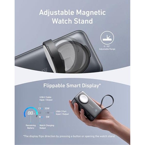 Anker A1657 Maggo Power Bank For Apple Watch, Officially Certified, 10,000 Mah Compact Battery Pack With Built-In Usb-C Cable, 35 W Max