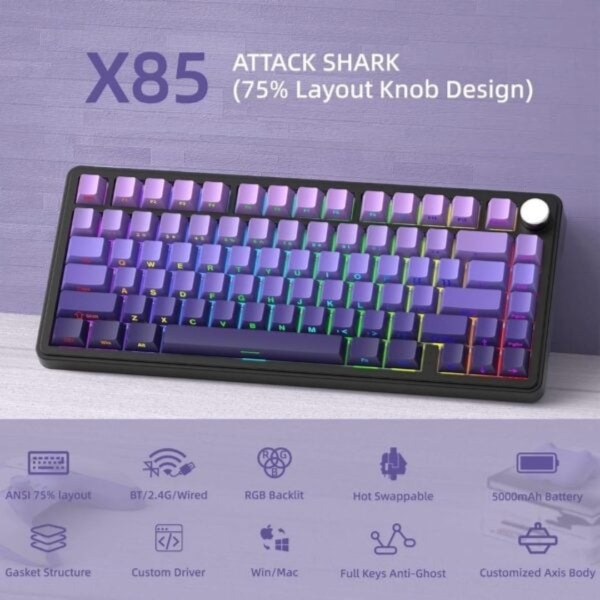 Attack Shark X85 Wireless Mechanical Gaming Keyboard - Grape Purple - White Jade Switch