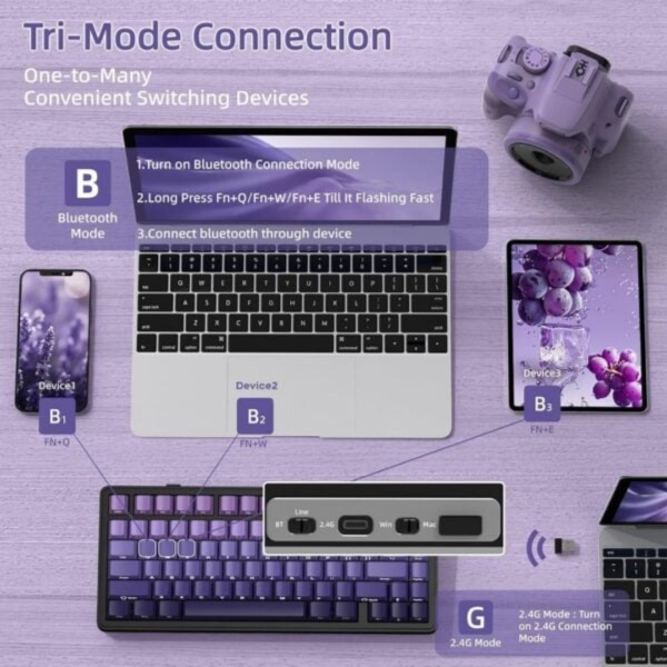 Attack Shark X85 Wireless Mechanical Gaming Keyboard - Grape Purple - White Jade Switch